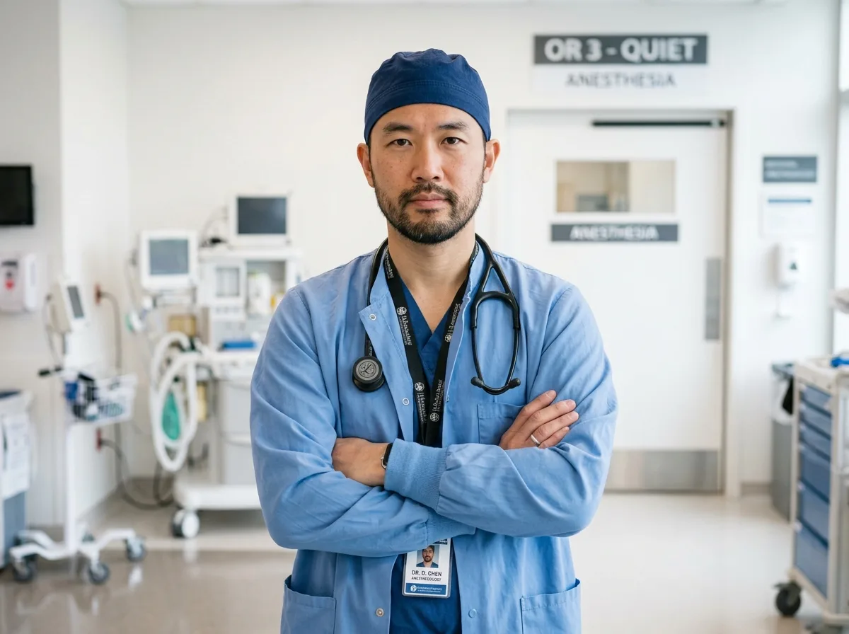 Портрет врача реаниматолога мужчина в медицинском халате, строгий профессиональный вид, фотография на белом фоне клиники